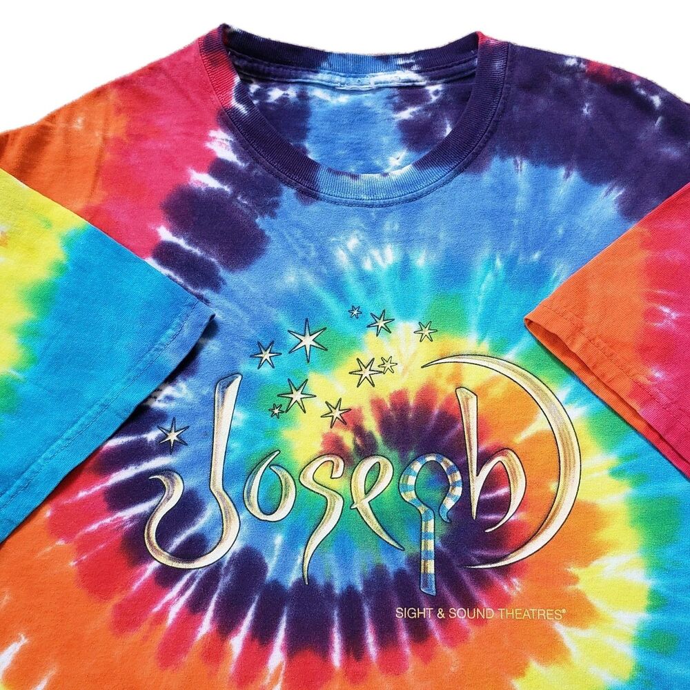 Vintage Y2K Sight & Sound Theaters Joseph Sz M-L Mens Tie Dye Christian T-Shirt